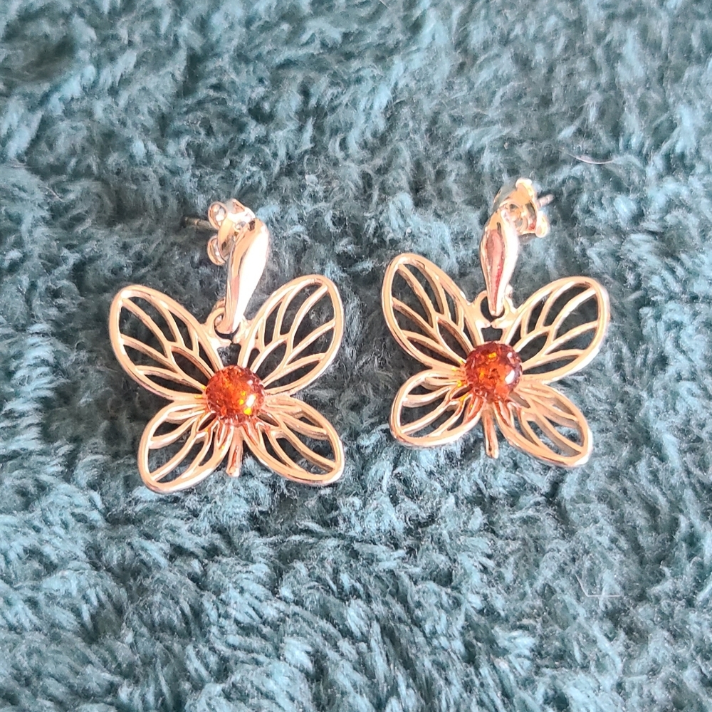 Sterling Silver And Amber Butterfly Earrings